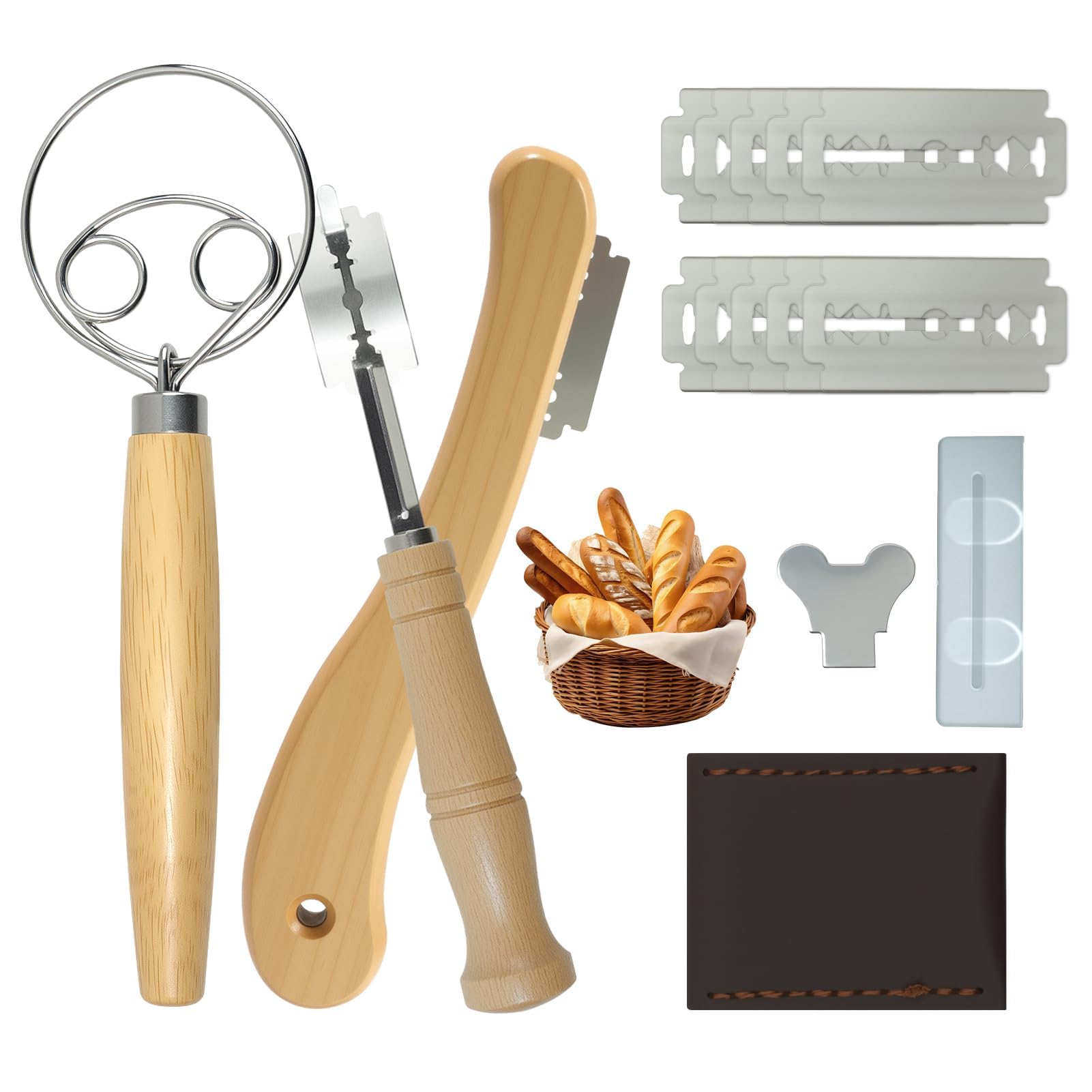 Piaeny Baker's Knife Set of 3 with Danish Whisk and Dough Knife Bread, Bread Cutting Knife with 20 Replacement Blades, Bread Baking Accessories for Straight and Curved Cuts