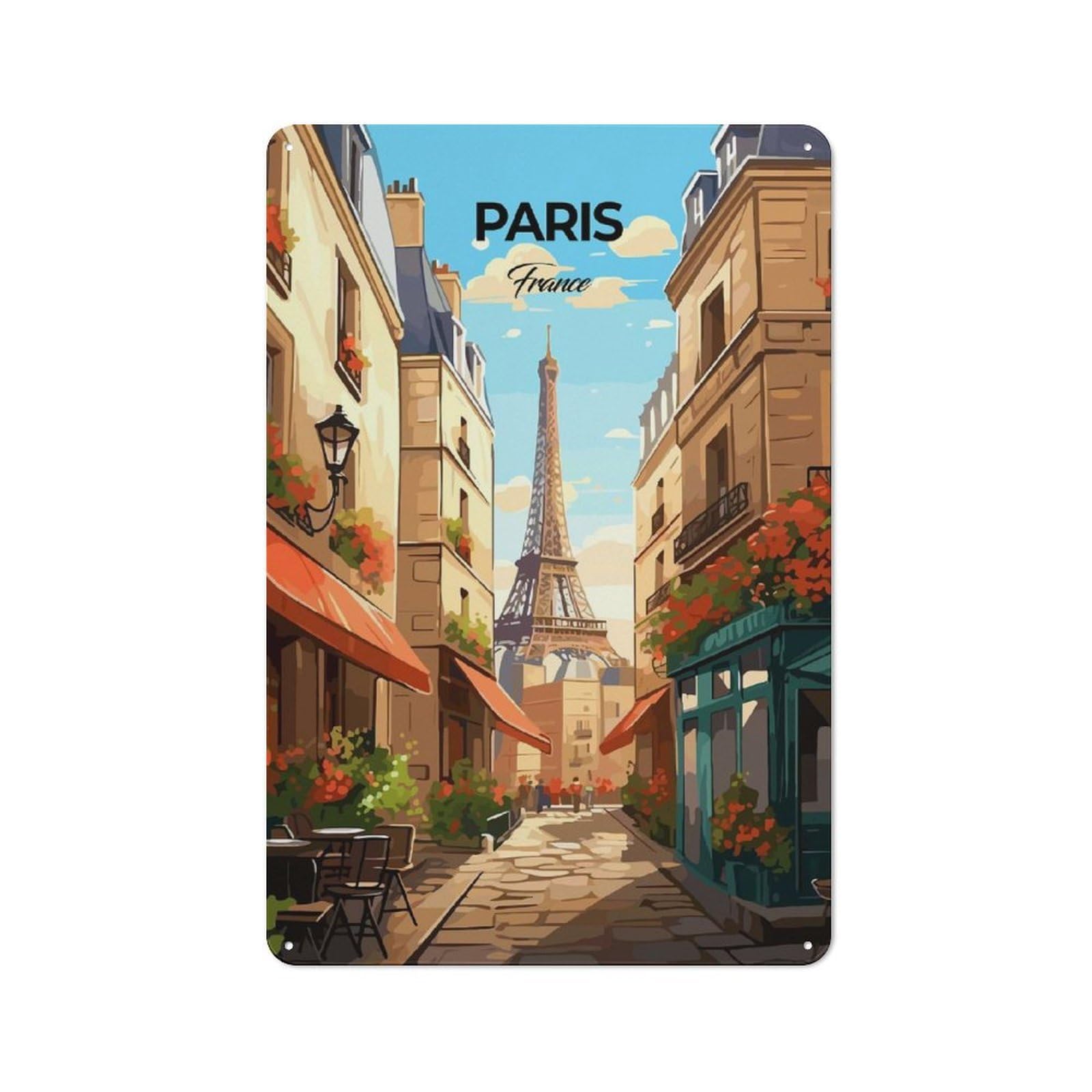 Junmoney Style-9 Paris France Travel Print Warehouse Style Metal Wall Decor 30X20cm, Metal Wall Sign For Workspace, Cafe, Hallway Or Garage