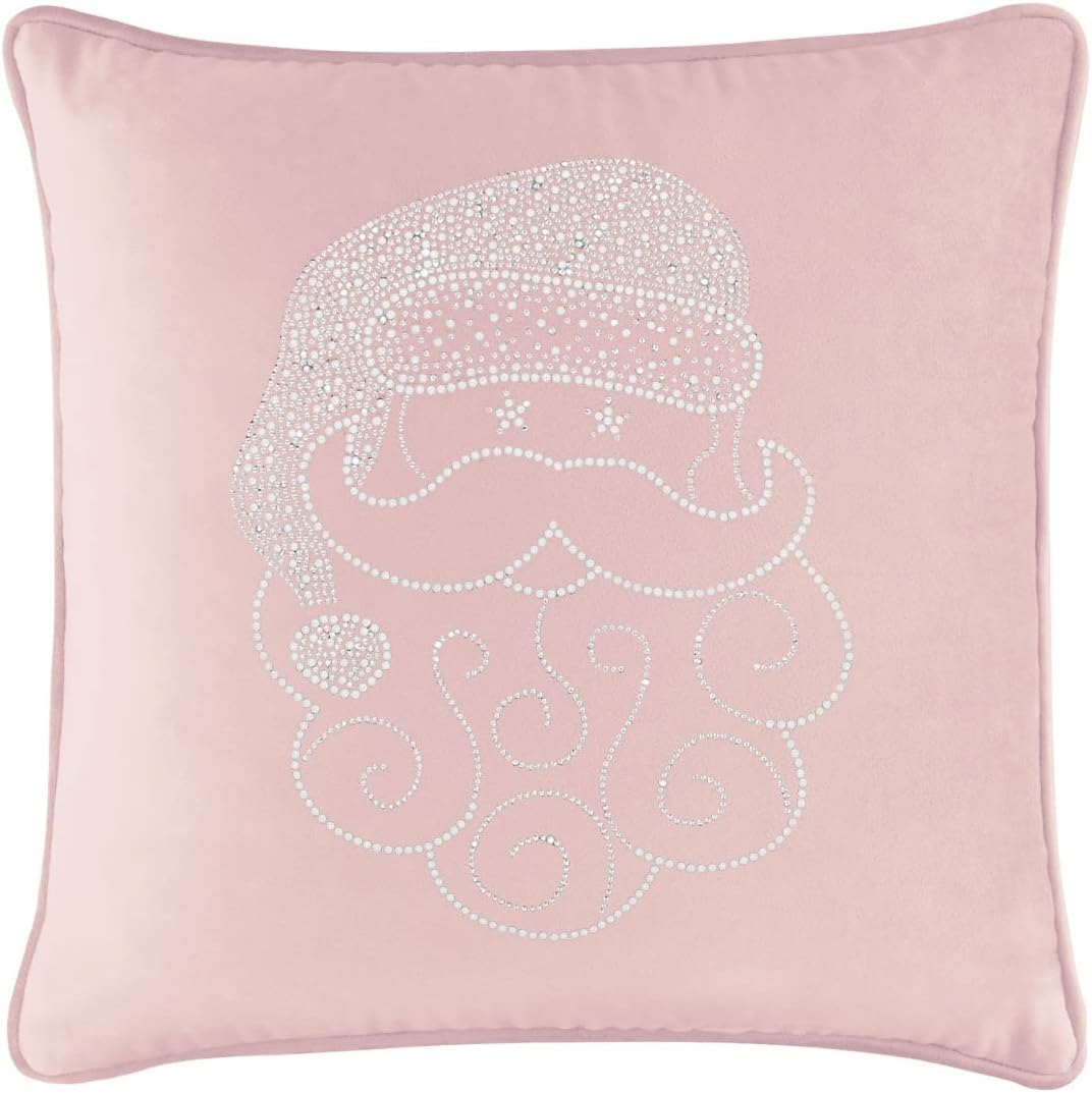 Santa Pillow, Washable Fabric Cover with Rhinestone Accents, Hypoallergenic Fiber Insert, for Holiday Home Decor, Blush Velvet, 16x16, Sold Individually