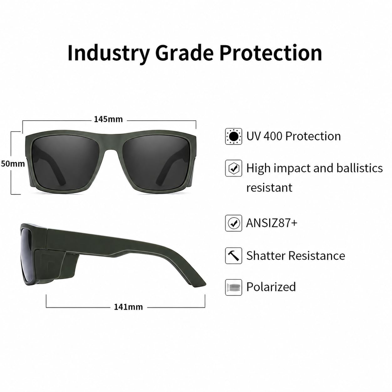 Lunettes de soleil de sécurité pour homme, noir mat, verres polarisés, conformes aux normes ANSI Z87+, protection UV, Vert fumé