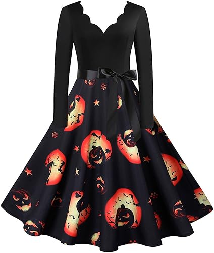 Miniatura 2 de FYUAHI Women Vintage Long Sleeve Halloween 1950s Housewife Evening Party Prom Dress