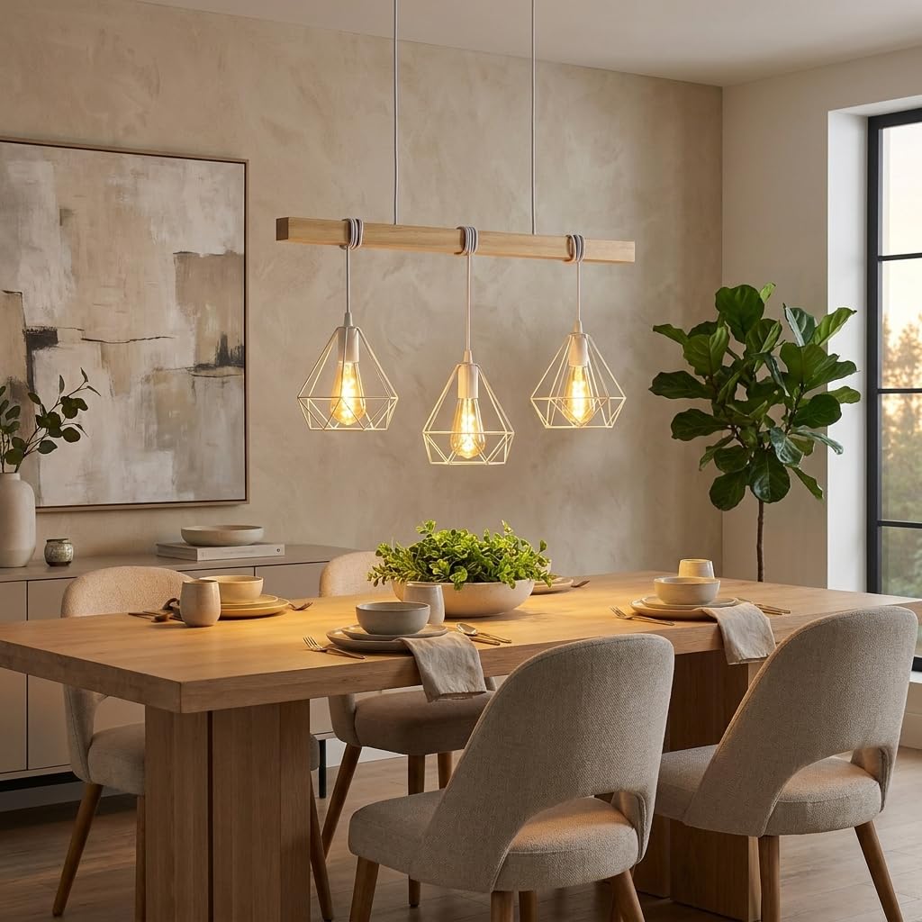 Alpinaluz Lámpara Colgante Lineal 3 Luces 75 cm de Madera Natural con 3 Pantallas de Jaula Metálica Blanca, 3x E27 y Altura Ajustable, Estilo Nórdico para Isla de Cocina, Comedor o Salón