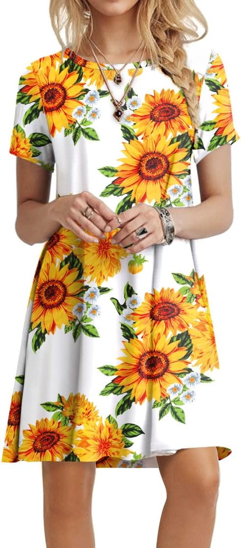 POPYOUNG 2023 Women's Summer Short Sleeve Casual Dresses Crewneck Beach Cover up Small, Floral SF-W