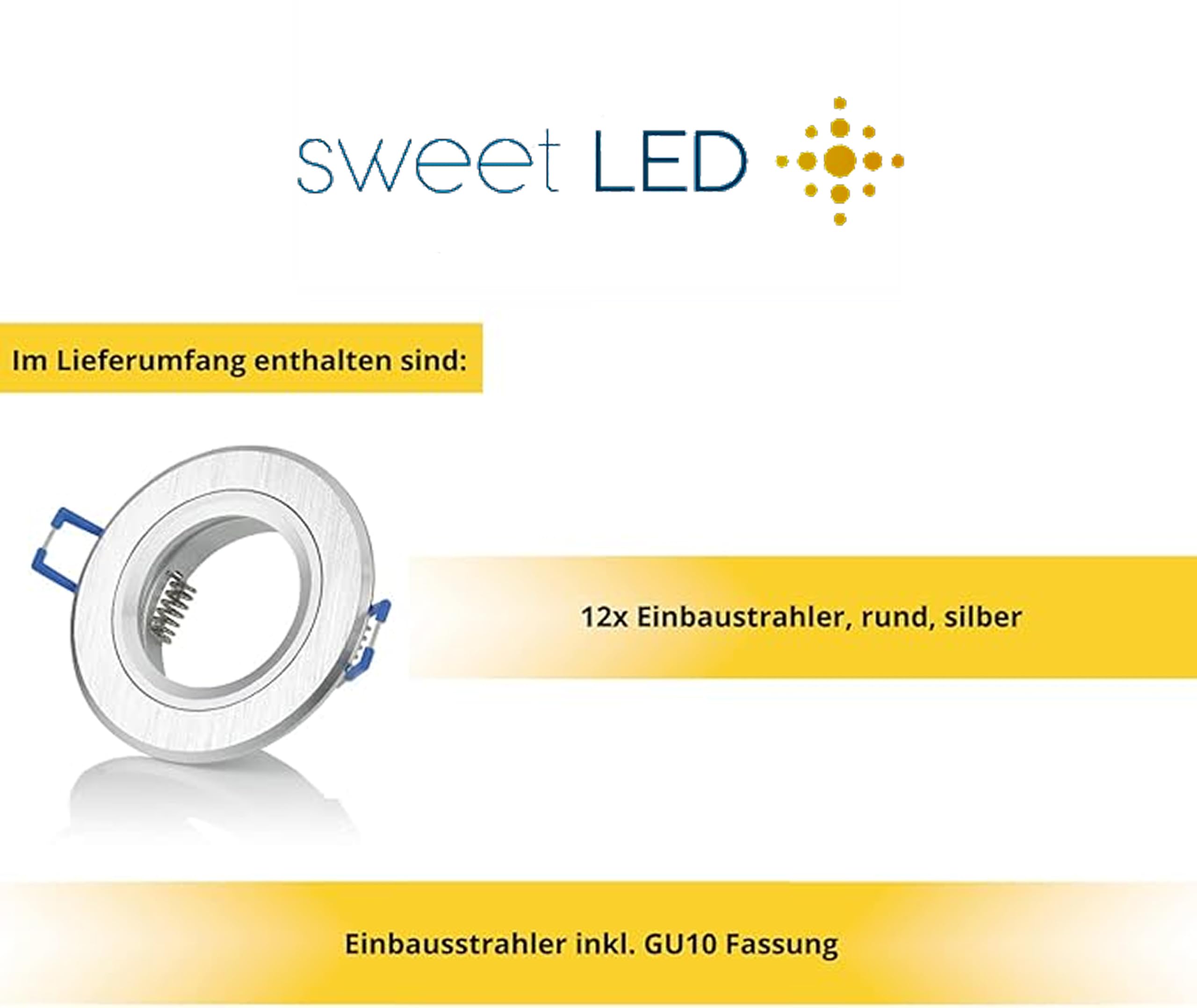 sweet-led zestaw 12-tu ram opraw sufitowych do zabudowy z gniazdem przyłączeniowym GU10 reflektory lampy do zabudowy 230 V okrągłe ramy montażowe sufitowe punktowe, reflektor sufitowy, okrąga lampa sufitowa do wbudowania (okrągłe ramki – szczotkowane sreb