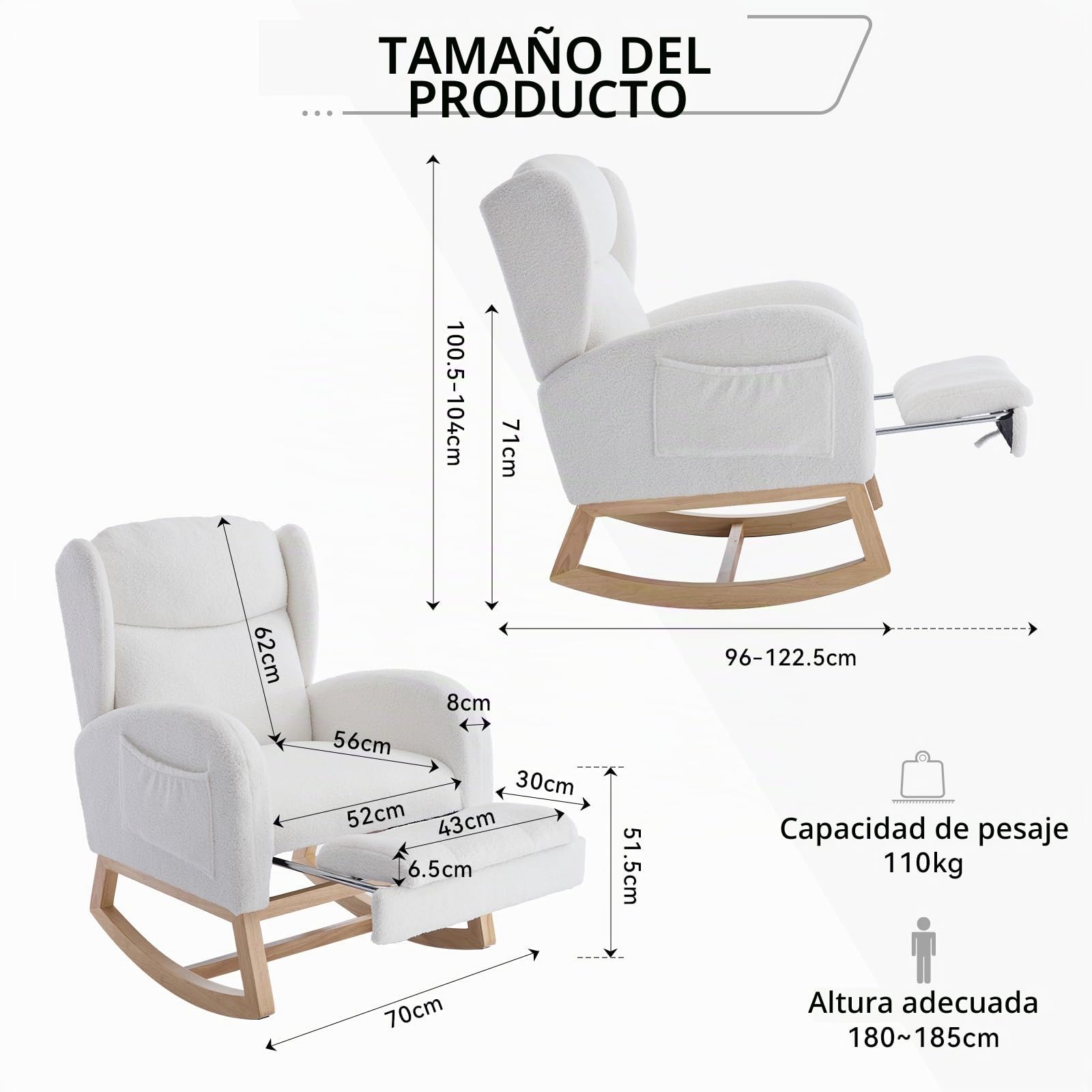 Mecedora, silla de lactancia, sillón de salón con estructura de madera, reposapiés ajustable, respaldo alto, tela teddy, con bolsillo, cómoda silla de acento para dormitorio, salón (blanco)