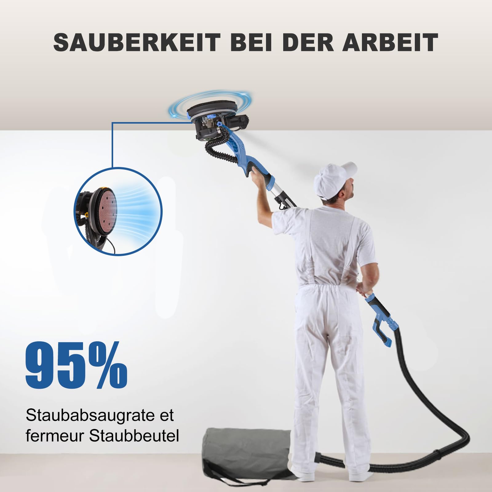 Levigatrice Giraffa 750 W professionale con sistema di vuoto automatico e luce LED, Levigatrice da parete e soffitto telescopico, diametro 215 mm, 7 velocità 900-1800 giri/min (blu)