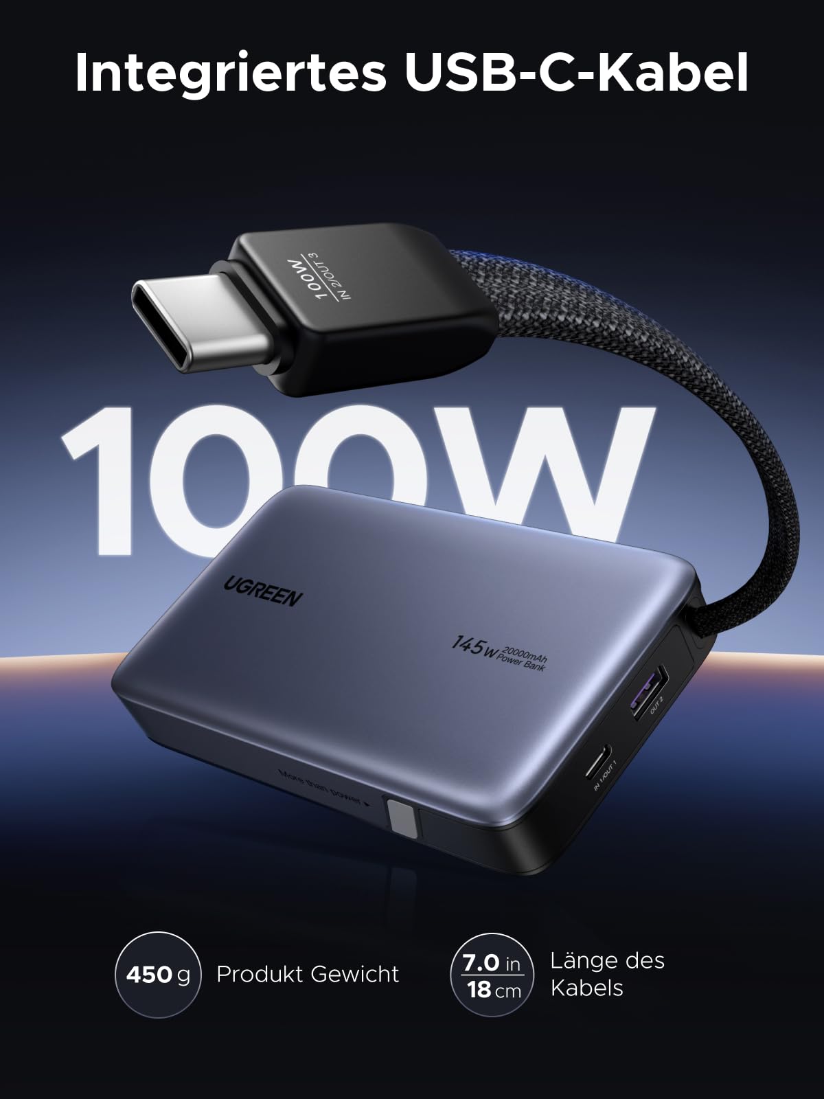UGREEN Nexode Power Bank 20000mAh 145W mit integriertem USB-C Kabel | 2x USB-C+1x USB-A, Laptop/Handy-Aufladung, Kompatibel mit Macbook, iPad, iPhone, für Reisen/Büro