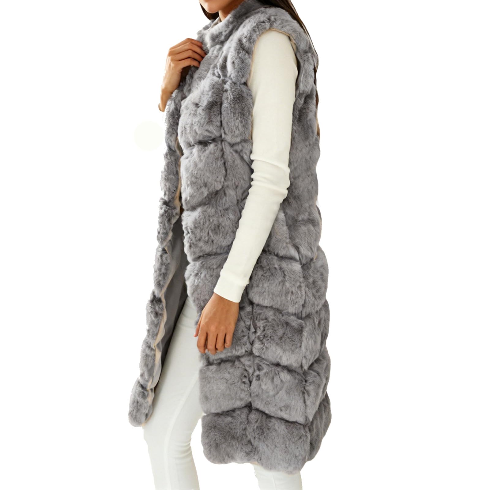 Gilet di pelliccia da donna in pelliccia sintetica, elegante pelliccia sintetica, senza maniche, lungo, per autunno e inverno, caldo, per le mezze stagioni