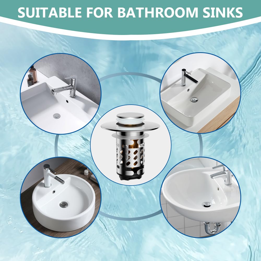 Universal Bathroom Sink Stopper, Sink Plug for 1.1”~2.36” Drain Hole, Upgraded Pop Up Sink Drain Stopper with Detachable Hair Catcher Filter Basket, Stainless Steel Plating, Brass Bounce Core (Chrome) 2