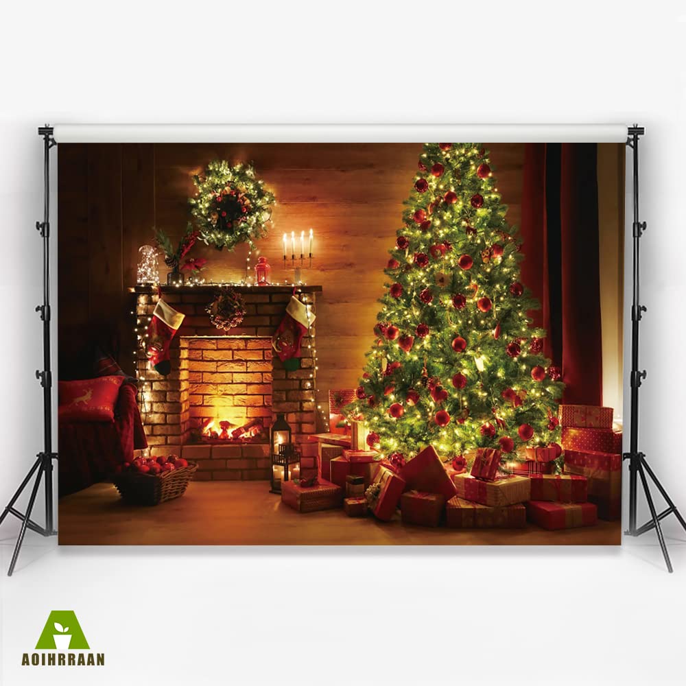Aoihrraan 3x2m Sfondo di Natale Camino A Muro Mattoni Con Albero Natale Glitterato Sfondo Fotografico Baby Shower Felice Anno Nuovo Holiday Party Banner Ritratto Photo Studio Puntelli