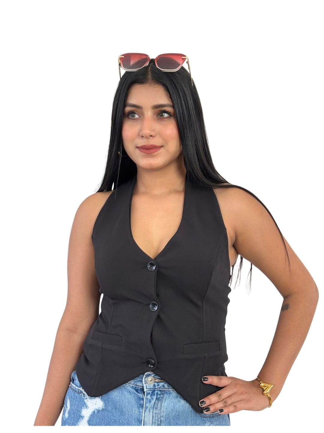 tandul Women's Solid Black Polyester WaistCoat Waistcoat - For Women - Soft & Breathable Fabric & Comfortable Outfits for Office, Casual, Festive & Party (11445)-picture-20