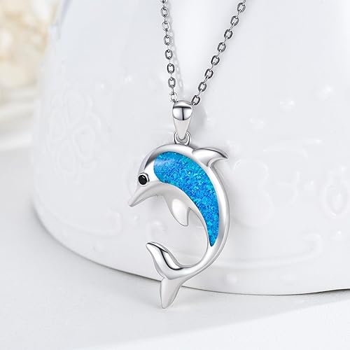 Miniatura 2 de TUGHRA 925 Sterling Silver Ocean Necklace Summer Jewelry SharkDolphin Pendant Necklaces Blue Opal Ocean Necklace Cute Ocean Animal Gift for Women