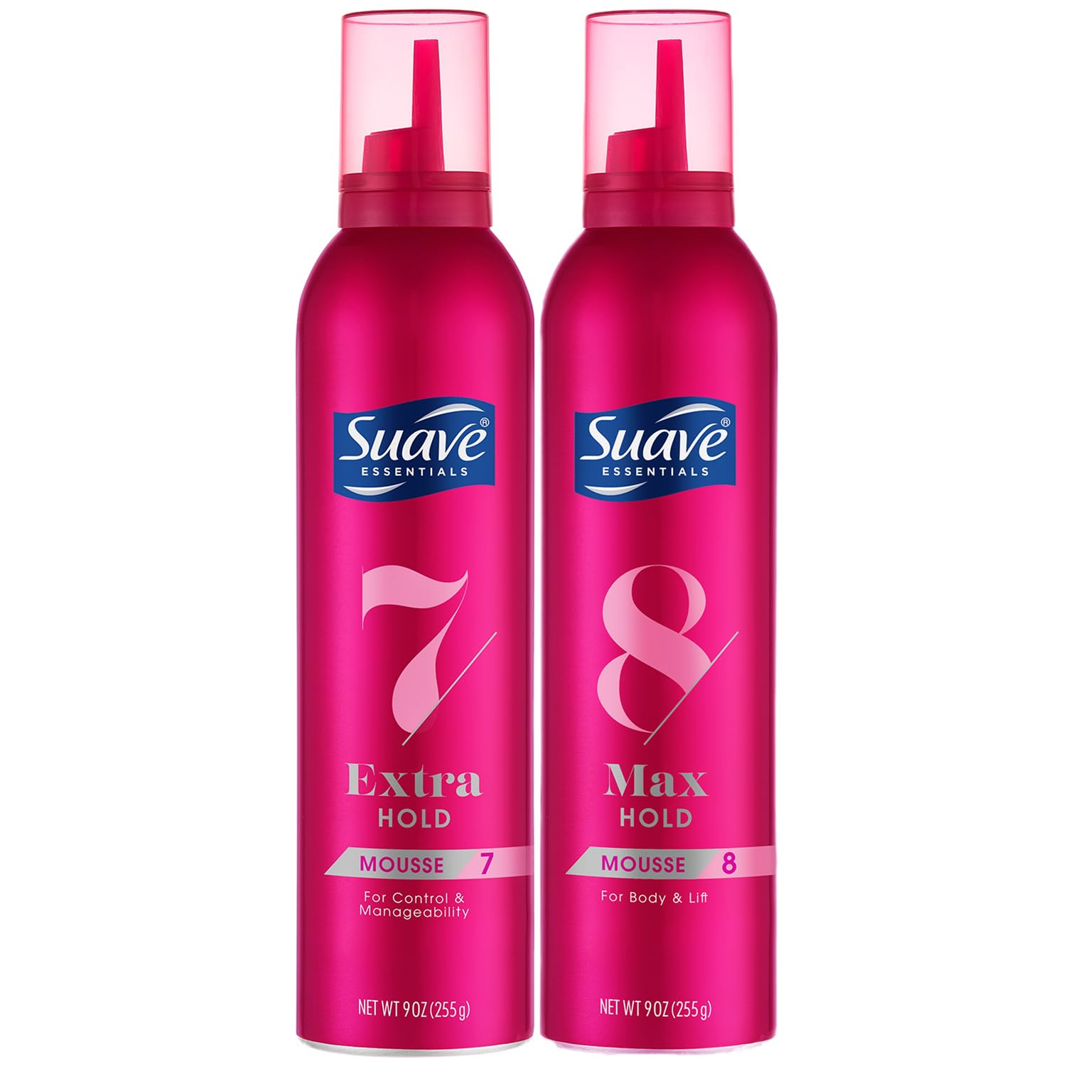SUAVE Hair Mousse for Curly, Wavy & Fine Hair, Variety 2-Pack – Extra Hold 7 Shaping + Max Hold 8 Volumizing Mousse, Scented, 9 Oz Ea