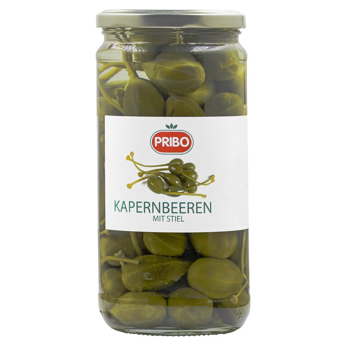 PRIBO KAPERN-BEEREN MIT STIEL - 6x 400g Glas - eingelegt in Salz, Kapern-Äpfel, passend zu Tapas und Antipasti-Tellern, Früchte des Kapernstrauchs