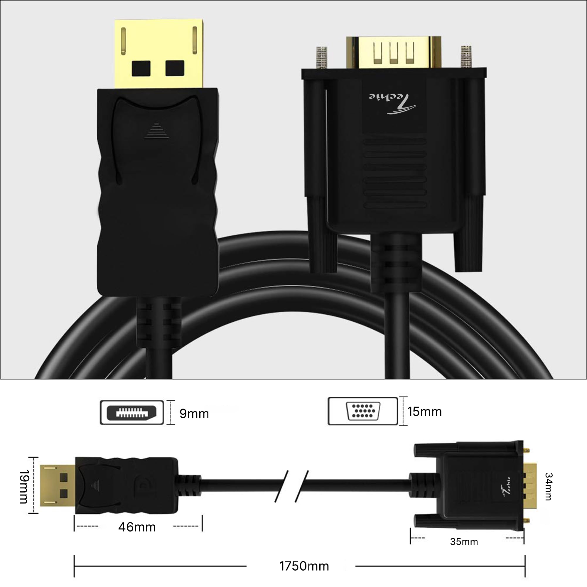 Techie DisplayPort to VGA Cable 1.8m | DisplayPort 1.2 to VGA