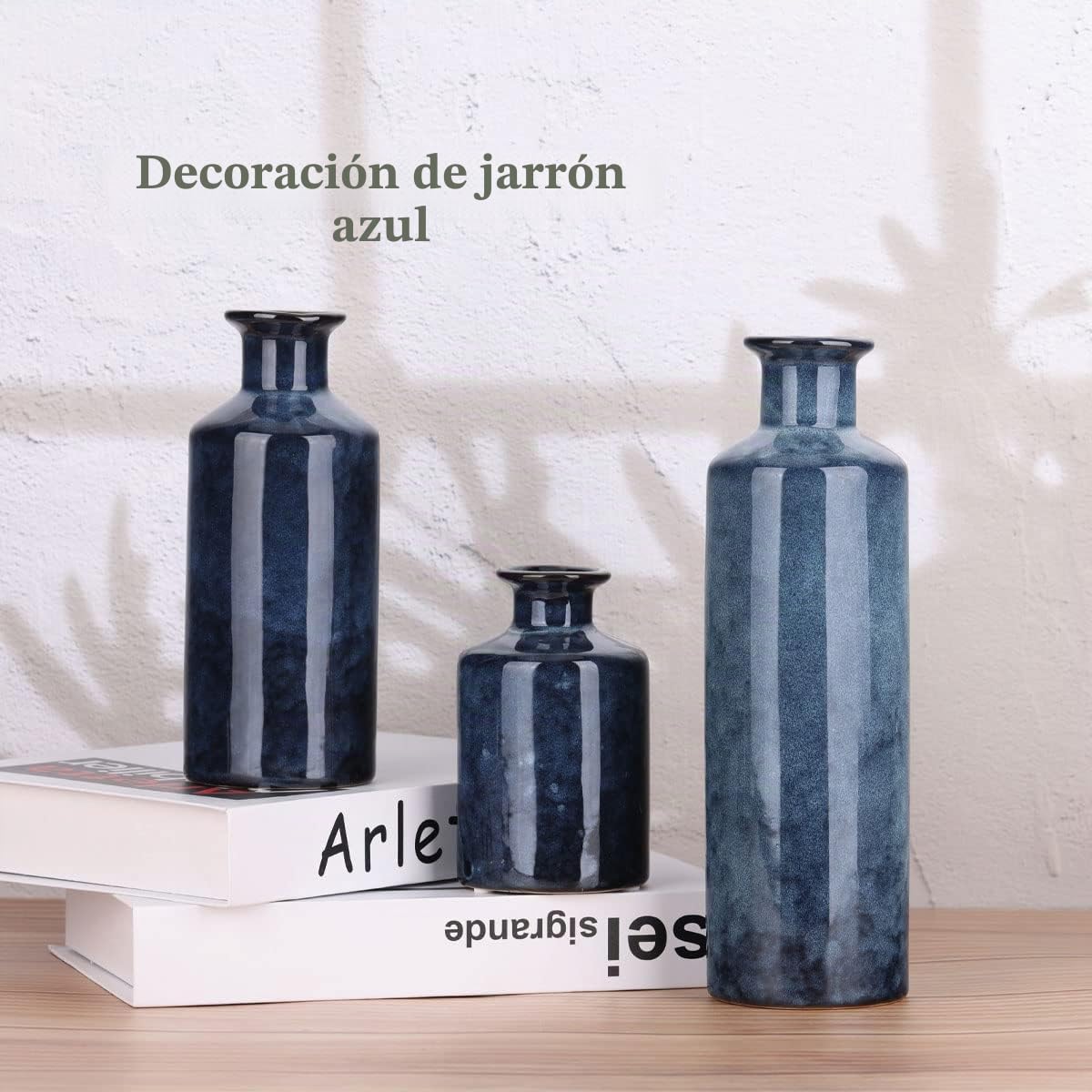 Juego de jarrones de cerámica azul, 3 jarrones pequeños azules, jarrón de flores de campo para decoración del hogar, decoración de sala de estar, decoración de mesa, decoración de chimenea y