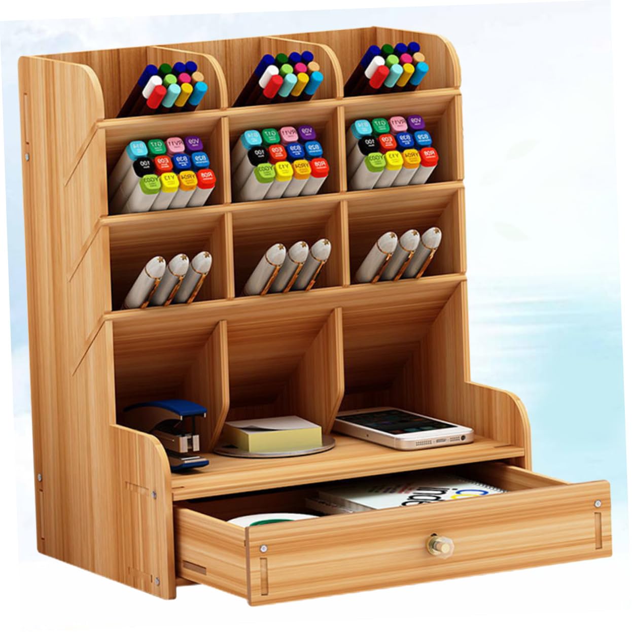 Cabilock Organizer Scrivania in Legno Massello con Scomparti Multipli Porta Penne Grande Capacità per Ufficio e Casa Design Semplice e Moderno in Ciliegio