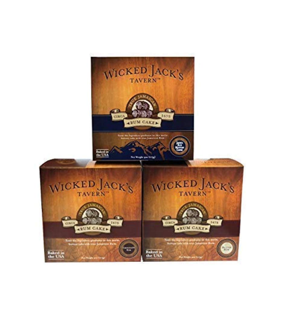Rum Cake by Wicked Jack's Tavern Original Authentic Rum Cake Assortment - Jamaican Blue Mountain Coffee Rum Cake, Butter Rum Cake and Chocolate Rum Cake, 4-oz Boxes (Bundle of 3)