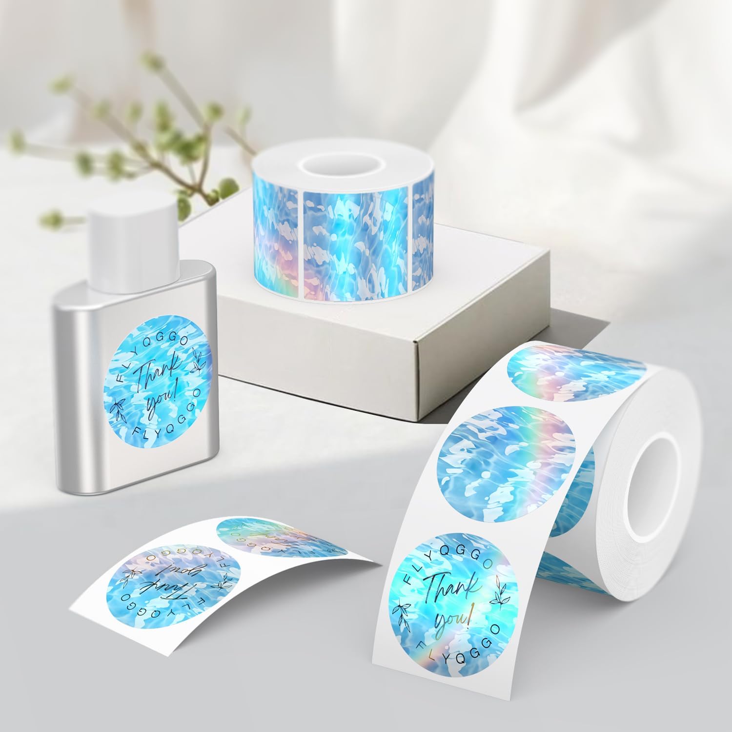 2-Inch Round Holographic Thermal Sticker Labels, with Rainbow Wave & Glitter Design, for Every Tags, Custom DIY Logo Applications, Waterproof and Tear-Resistant, Ocean Blue(200Pcs/Roll) - Image 8