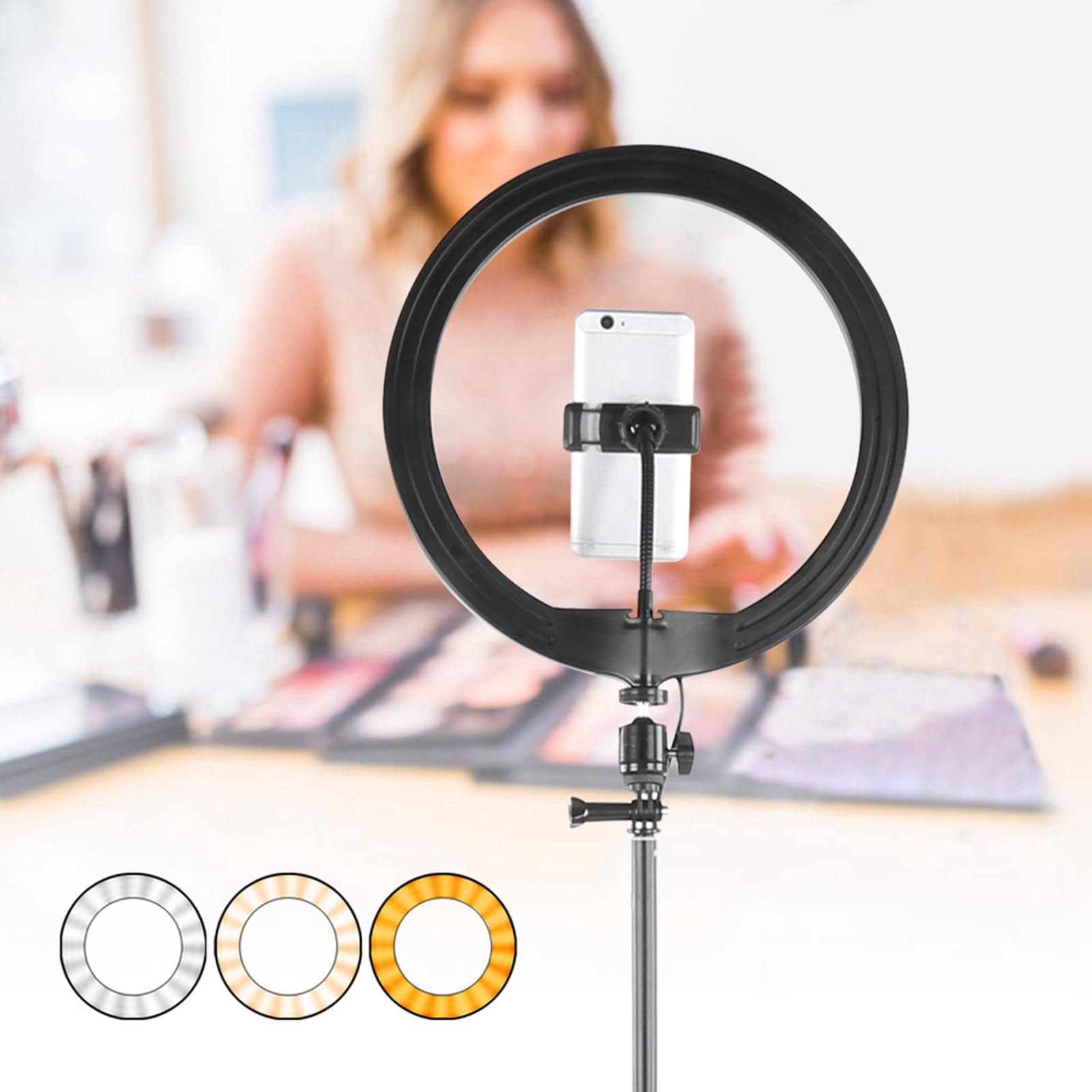 12-Zoll-dimmbares LED-Ringlicht mit Stativ, Fotografie-Fülllicht für Make-up und Video-Studio, 3 Farbtemperaturen, 10 Helligkeitsstufen, inklusive Handy- und Tablet-Halterungen für
