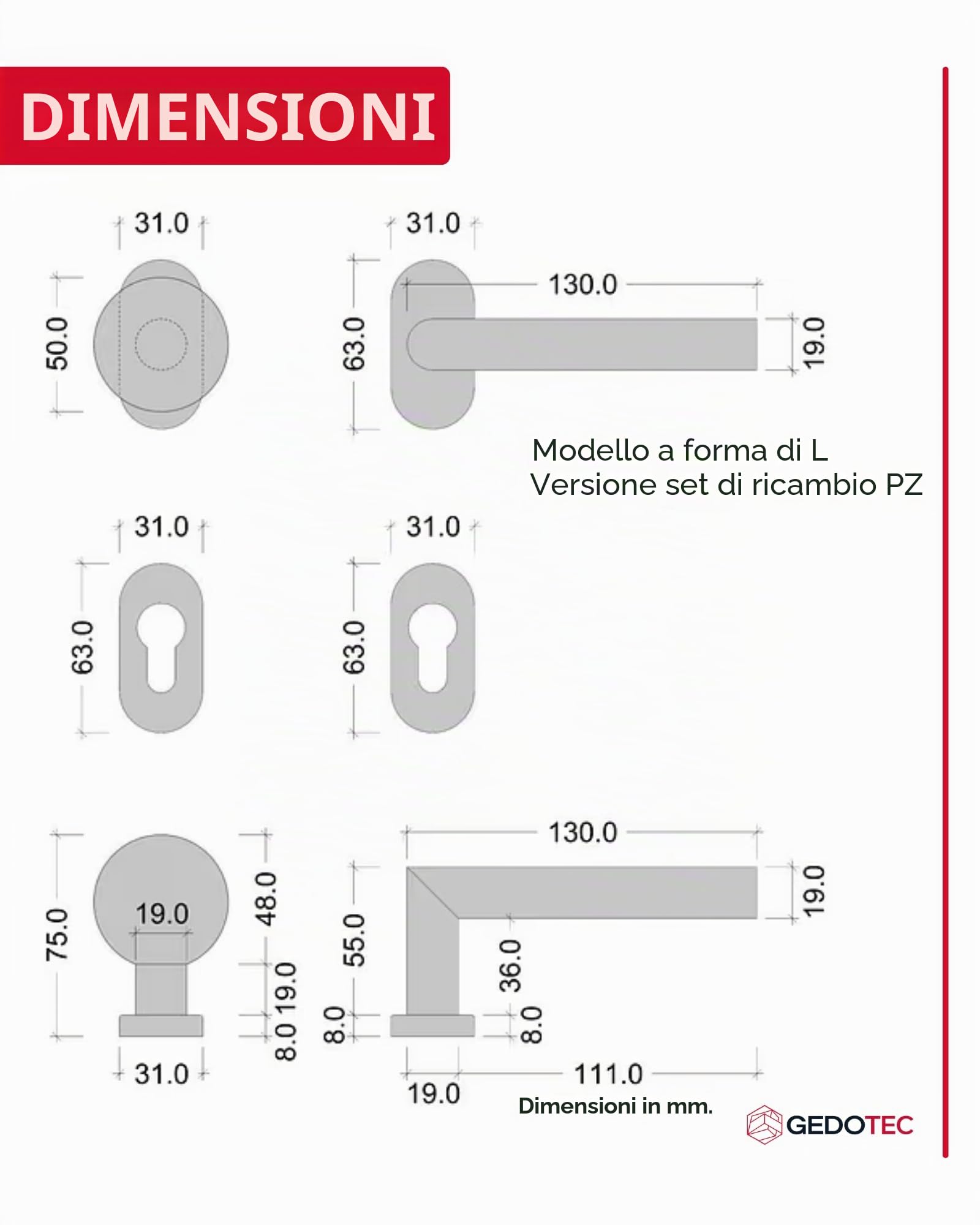 Gedotec Maniglia per porta Set di maniglie per porte interne Cancello da giardino Fermaporta in acciaio inox a L su rosone ovale | MÜNCHEN