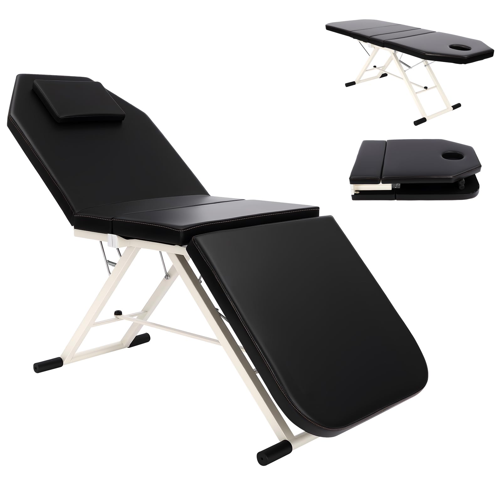 Kosmetikliege Massagebank Klappbar Massagetisch, 3-Fach klappbarer Massagestuhltisch mit Kissen, Tragbares Massagebett für Physiotherapie & Tattoo & SPA, bis zu 250 kg (Schwarz)