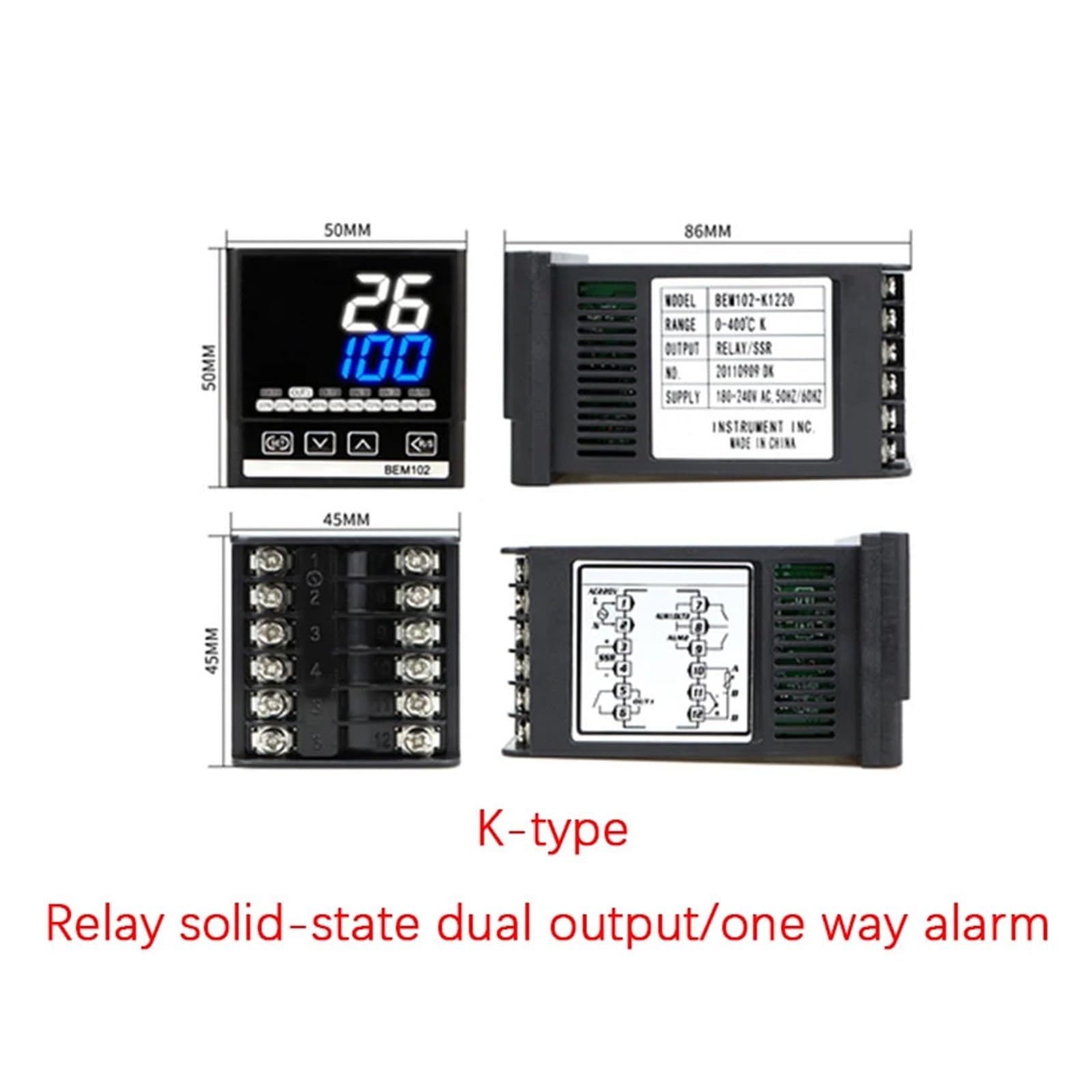 Controlador de Temperatura Controlador de Temperatura con Pantalla Digital Inteligente y Ajuste PID de múltiples entradas, 48 ​​x 48(50x50 K SSR)