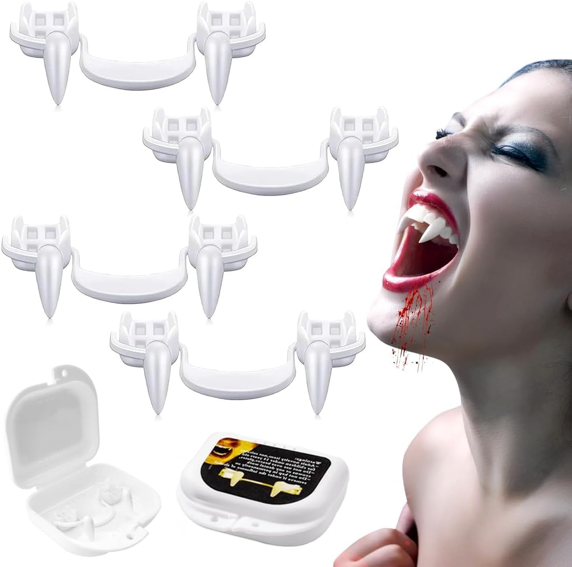 Vibbang 4 Pair Retractable Vampire Fangs Kit, Reusable Spoof Vampire, Halloween Party Fangs