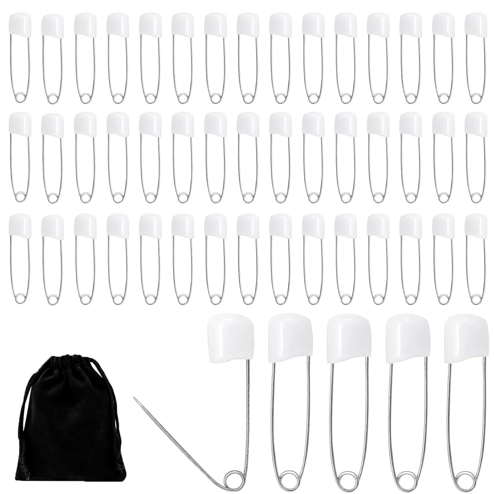 50 Pcs Safety Pins, White Diaper Nappy Baby Safety Pins Large Strong Stainless Steel with Locking Closures Flannel Bag, 55mm Assorted Safety Pins for Diaper Clothes Dress Craft Hold Clip