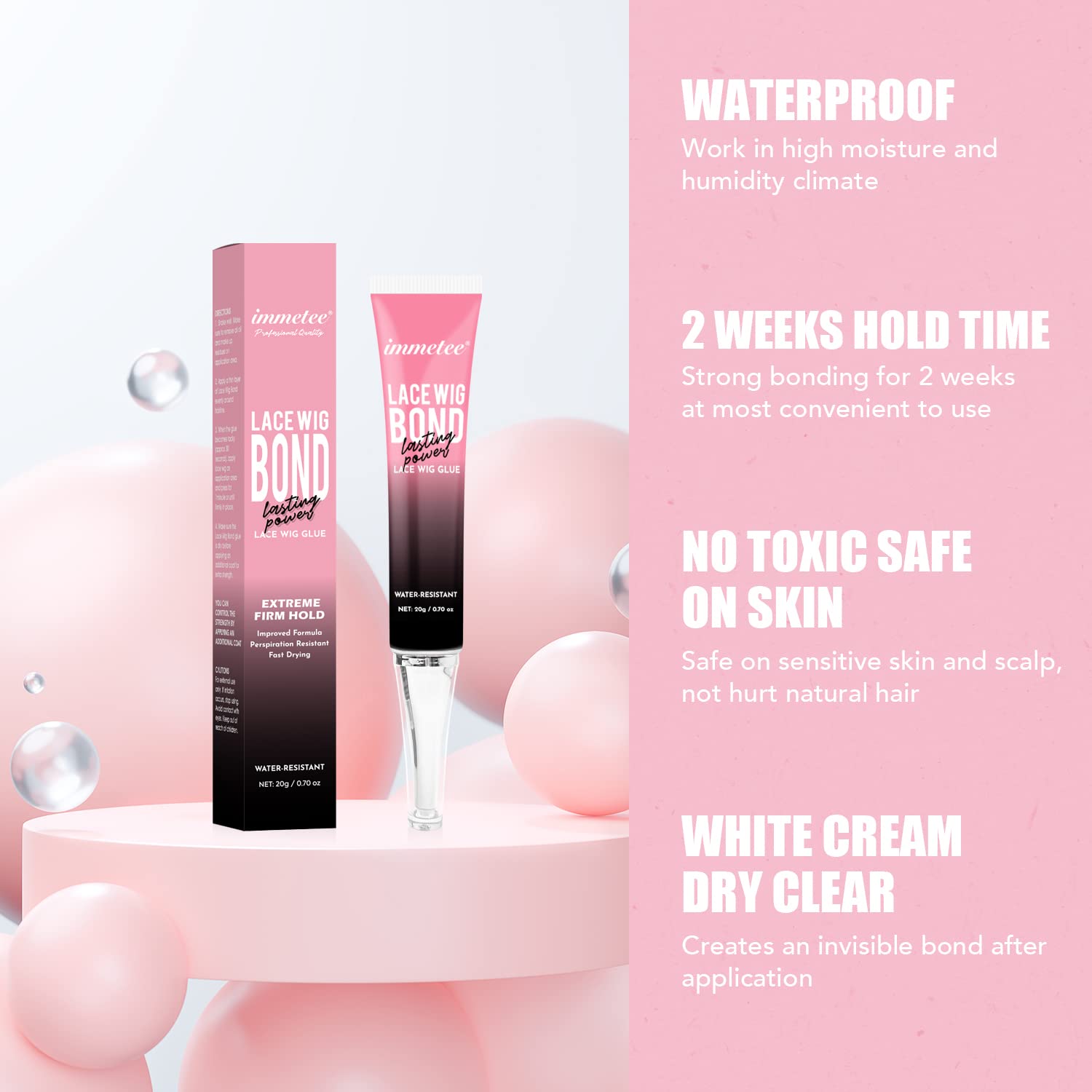 immetee Pegamento Para Peluca,Lace Glue Para Pelucas,Resistente al Agua Pegamento Invisible,Adhesivo Invisible Formulado Para Piel Grasa,Para Pelucas de Encaje y Postizos.20g