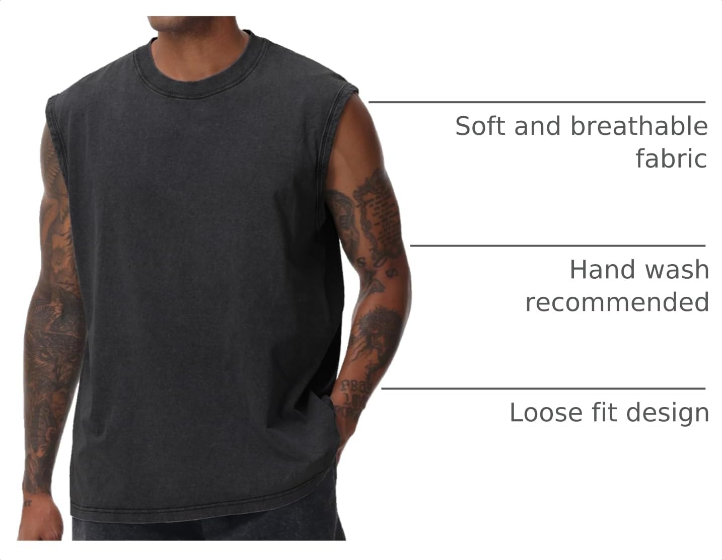 Mens Workout Tank Tops Sleeveless Tee Shirts Men Muscle Shirt Gym Acid Wash T Shirts Running Beach Loose Fit Tee image 4