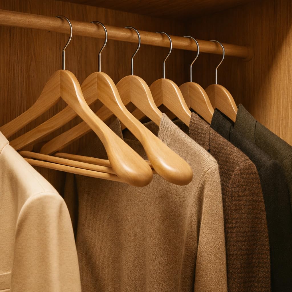 MELA'S Wooden Wide Clothes Hanger, Natural Wood, Pack of 12, Non-Slip, for Stable Jacket, Suit, Shirts, Extra Wide Shoulders, Trouser Bars, 45 x 23 x 5.5(Natural)