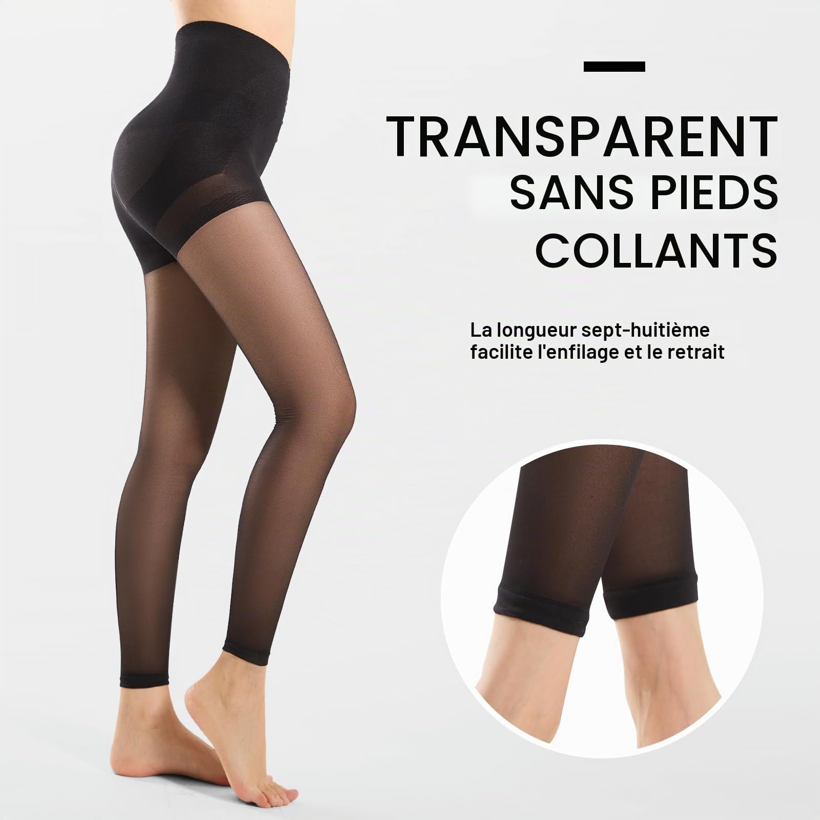 MANZI Collants transparents sans pieds avec contrôle du ventre, soutien léger, collant gainant le corps
