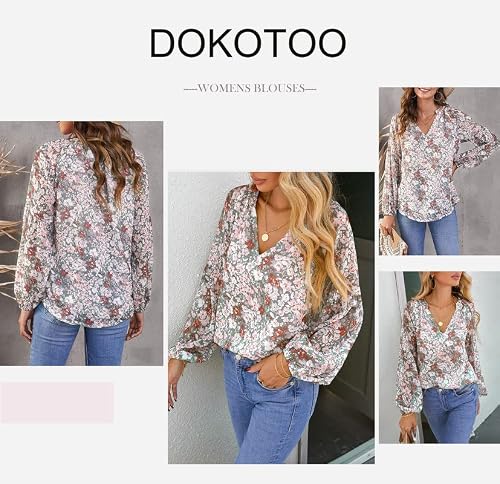 Dokotoo Womens Boho Tops And Blouses V Neck Floral Printed Long Sleeve Ladies Summer Chiffon Shirts With Drawstring Medium Multicolor #TOP3