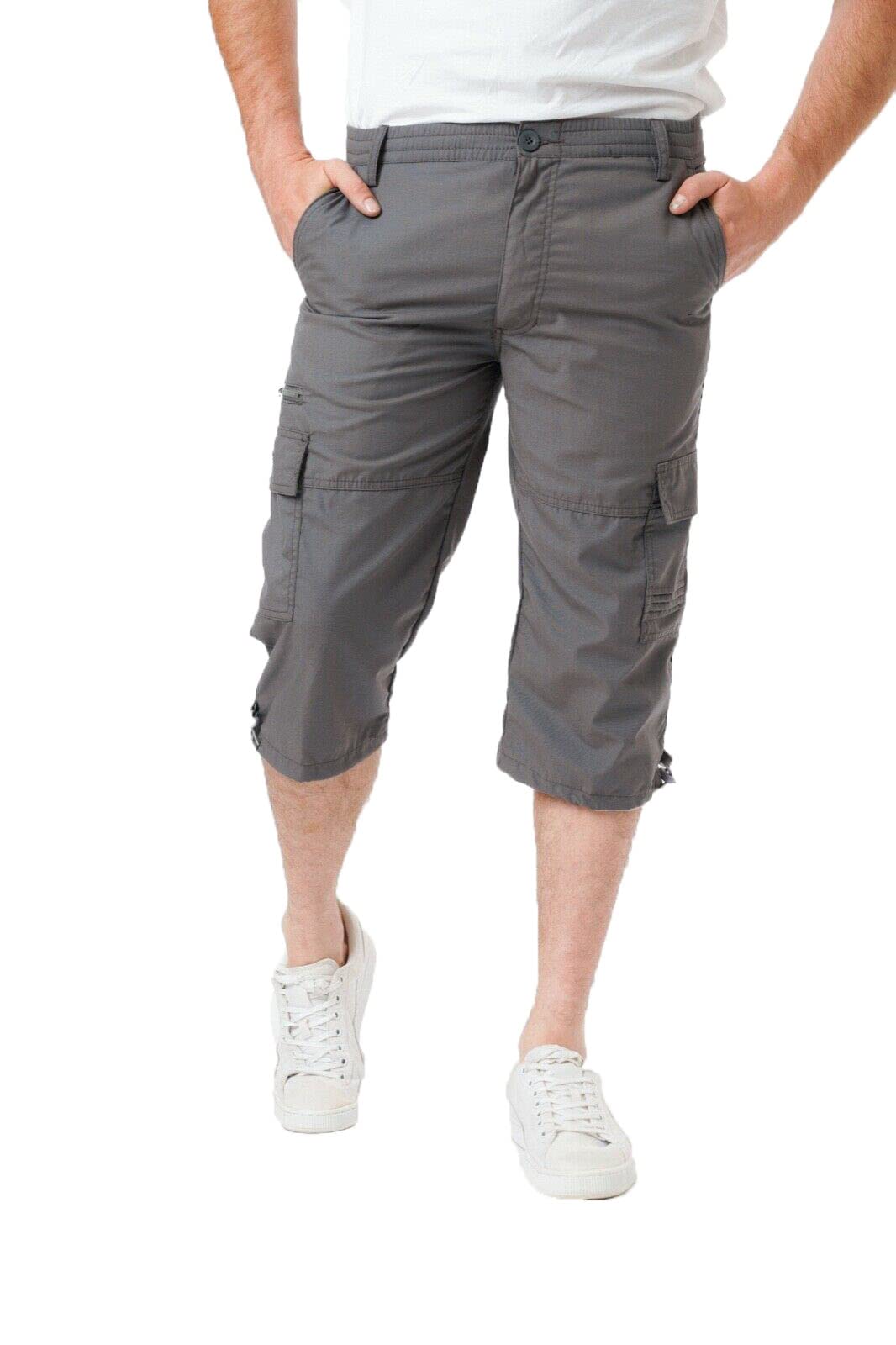 Label Apparel Men's Grey 3/4 Shorts Cargo Combat Elasticated Waist Three Quarter Length Long M-3Xl (As8, Alpha, X_l, Regular, Regular, )