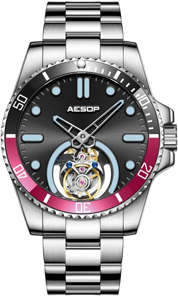 AESOP Tourbillon Men Watch Unidirectional Rotating Bezel Mechanical Hand Wind Wristwatches Analog Luminous Sapphire Stainless Business Luxury Watch for Men 7060