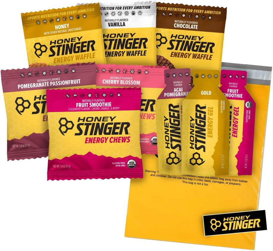Honey Stinger Training Kit – 9 Count Plus Sticker and Polybag – Energy Source for Any Activity – 3 Organic Waffles, 3 Packs of Energy Chews & 3 Energy Gels