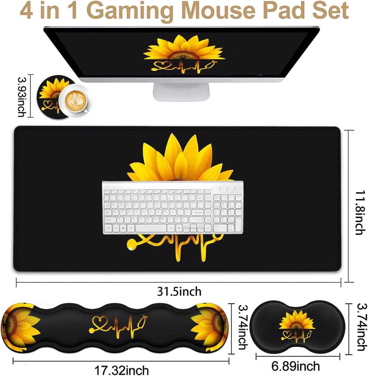Ergonomic Mouse Pad Set, Desk Mat(31.5×11.8 in) + Keyboard Wrist Rest Support + Mouse Wrist Rest + Coasters for Office,Home,Computer,Laptop -Sunflower Nurse Pattern Black Gaming Large Mousepads