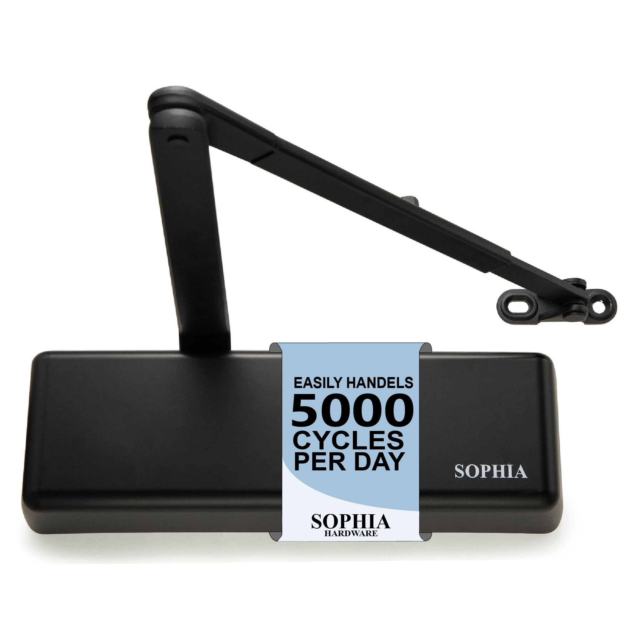 SOPHIA Commercial Door Closer Heavy Duty, Automatic Door Closer, ADA Compliant &amp; UL Listed, Door Hydraulic Closer, Delayed Action, Adjustable Spring Size 1-6 for Heavy Traffic, Grade 1, Matte Black