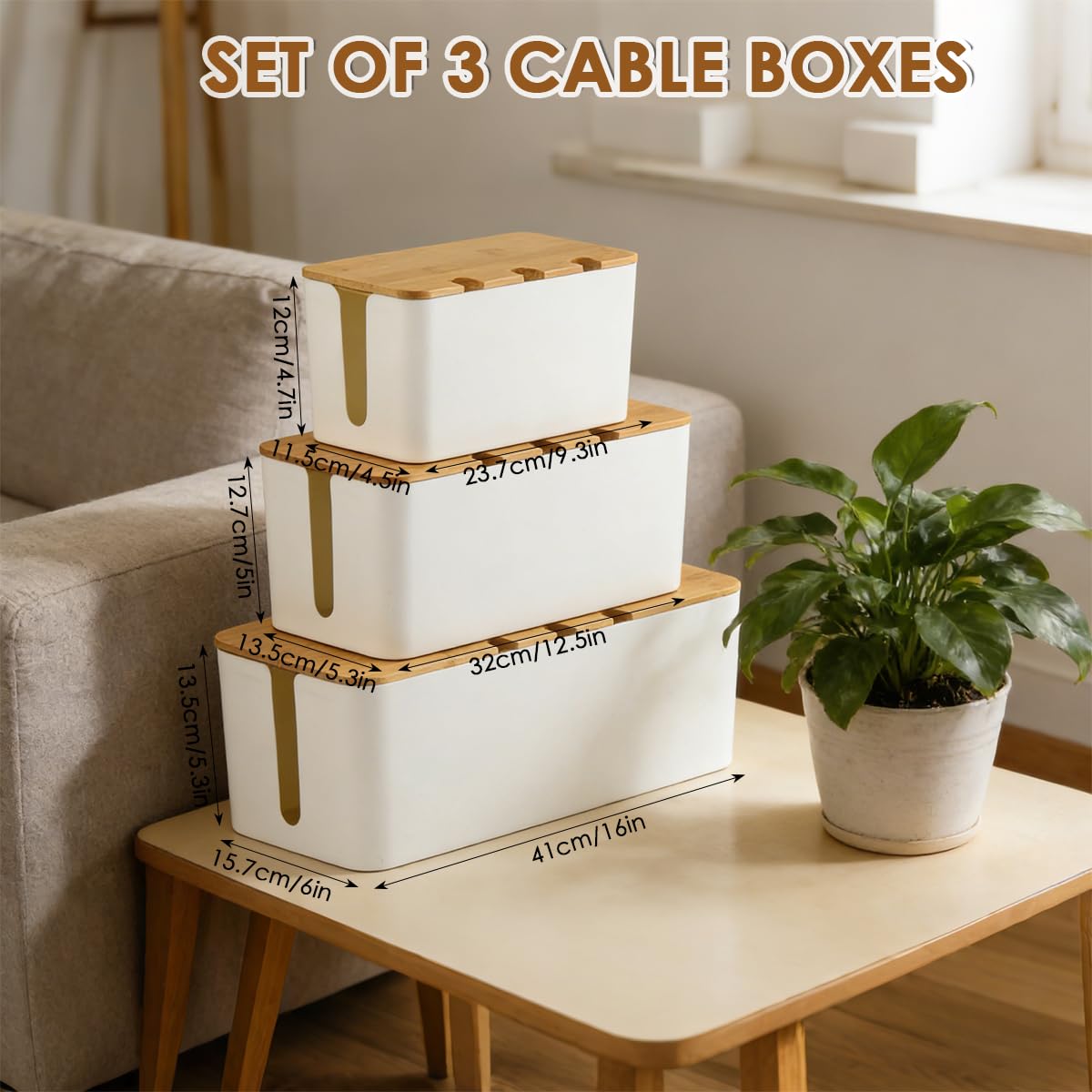 3 Piezas Caja Organizadora Cables, Caja Organizadora de Cables con Tapa de Bambú, Organizador Cables Caja con Agujeros Arriba y a Los Lados, Caja Cables, para Hogar y Oficina - Blanco, L/M/S