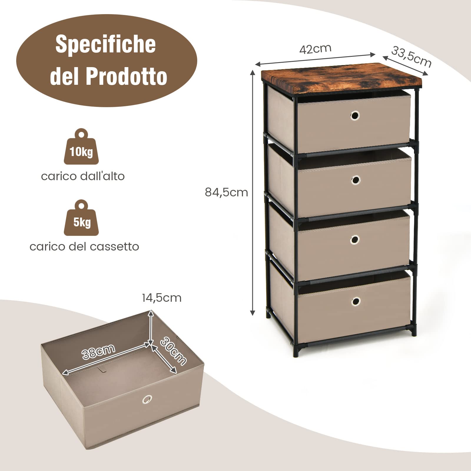 COSTWAY Cassettiera In Tessuto Grigia Con 3 Cassetti E Struttura In Metallo - Mobile Contenitore Per Camera Da Letto E Ingresso - 40x30x62 Cm