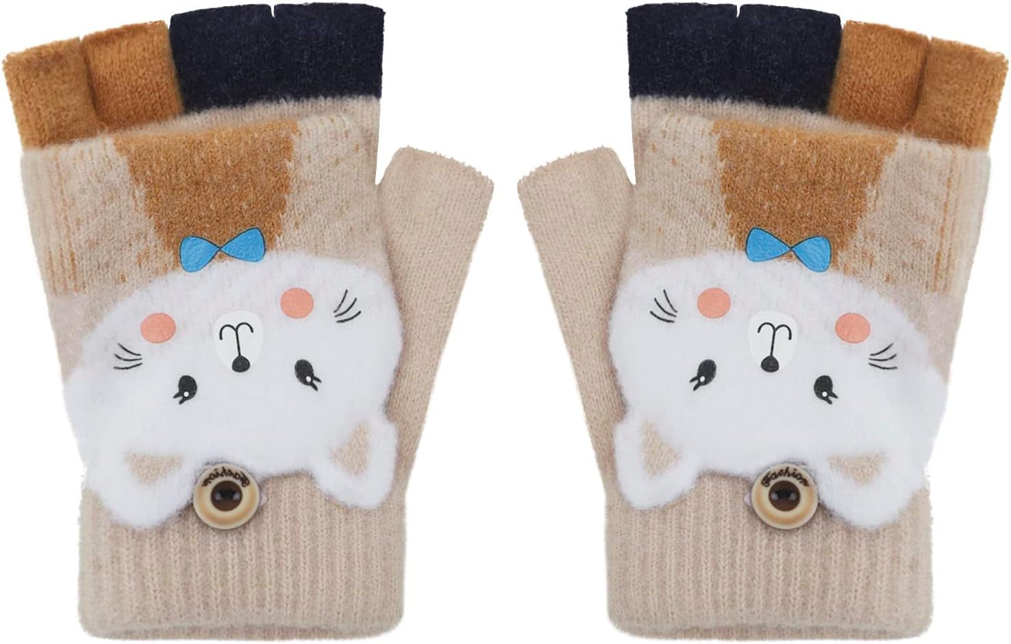 Kids Convertible Flip Top Gloves Children Winter Warm Knitted Fingerless Mittens for Boys Girls 4-8 Years Old