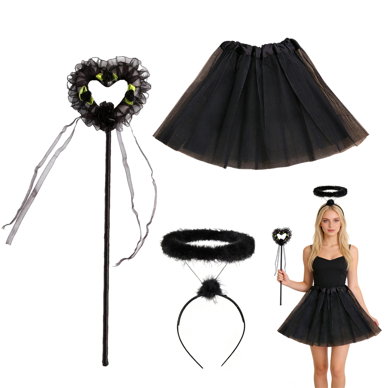 Rthynti Angel Halo Headband and Glitter Star Wand Set, Angel Headbands, Glitter Star Wand and Voile Skirt for Fairy Fancy Dress Accessories(Black)