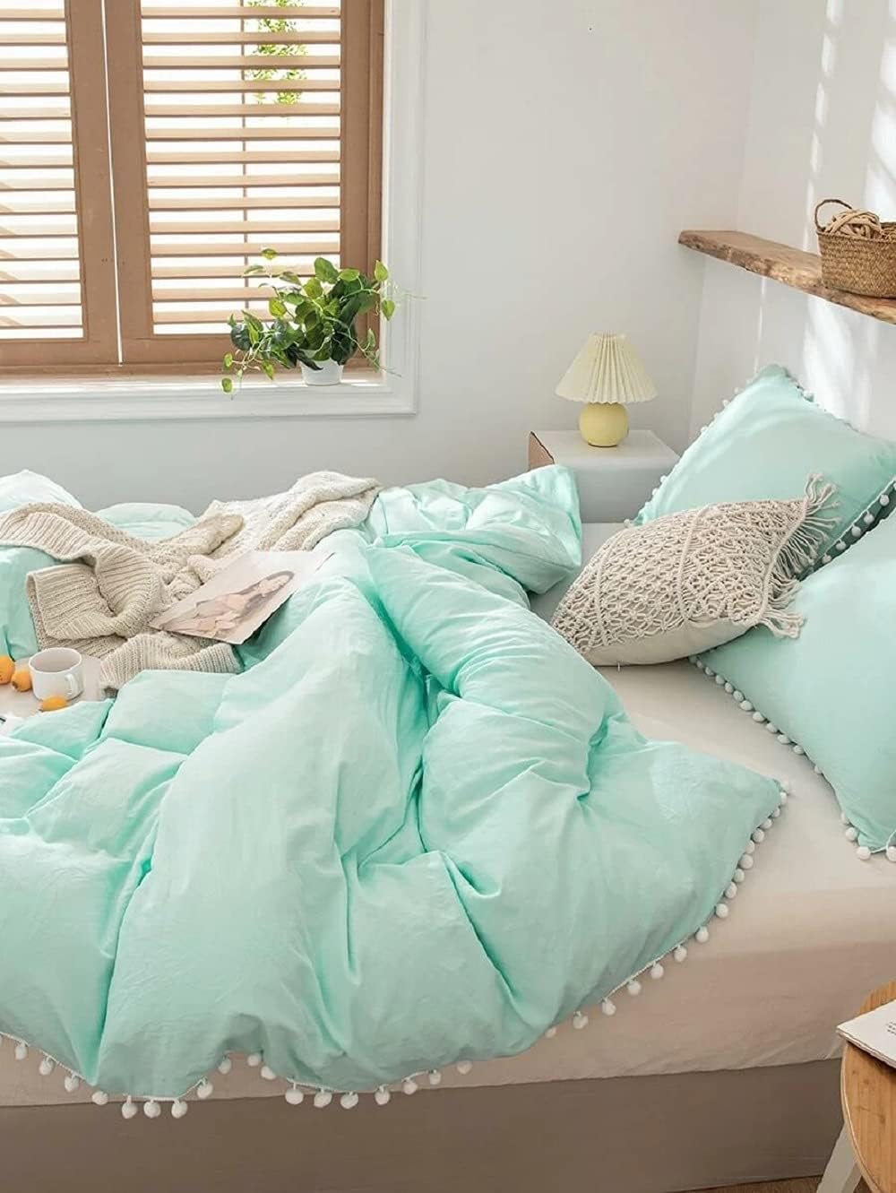 100% Washed Cotton Duvet Cover with Buttons Duvet Cover Queen Duvet Cover King Comforter Cover, Pom Pom Duvet Cover California Duvet Cover (Queen)