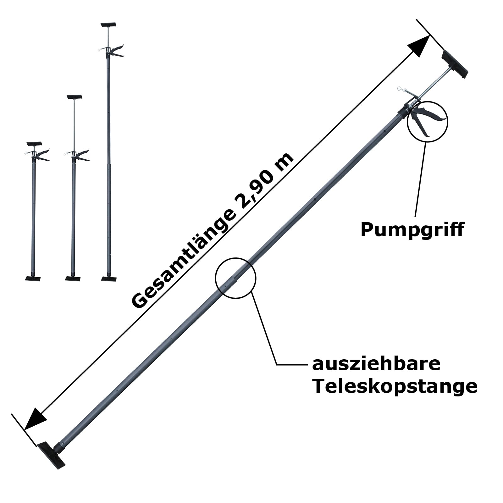 MAUK® Profi Tür Zargenspanner Einhandstütze Montagestütze Deckenstütze Teleskopstütze | 2er Set, höhenverstellbar | 115-290 cm/bis 30 kg - Grau | Stütze für Katzennetz/Tiernetz