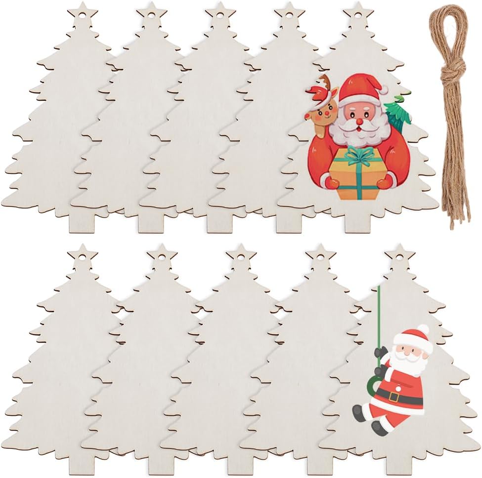 10Pcs 7 x 7 Inch Wooden Gift Box Ornament Christmas Wood Cutouts Unfinished Wood Blanks Slices with Ropes for DIY Arts Crafts Painting Home Birthday Party Favors Decoration Xmas Supplies