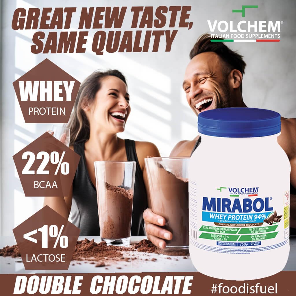 Volchem Mirabol Whey Protein 94, suplement diety z białkiem serwatki, 22% rozgałęzionych aminokwasów, z argininą i glutaminą, słoik z rozpuszczalnym proszkiem, czekoladowy smak, 750 g