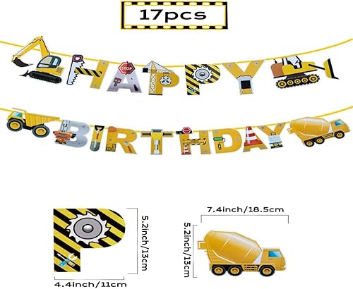 Miniatura 3 de Decoraciones de construcción  43 piezas de camión volquete y excavadora patrón de feliz cumpleaños, globos, decoración de pasteles y cupcakes,