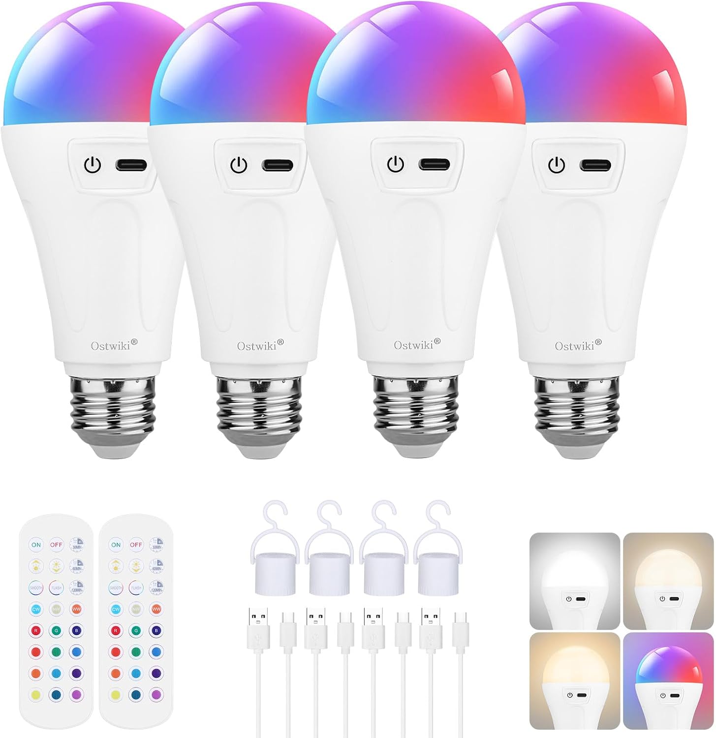 4 Pack Rechargeable Light Bulbs for Lamps,5200mAh Led Battery Backup Light Bulb with Remote Control,A21 Wireless Emergency Bulbs for Power outage,Dimmable 3 Color Temperatures & 12 RGB Color Changing