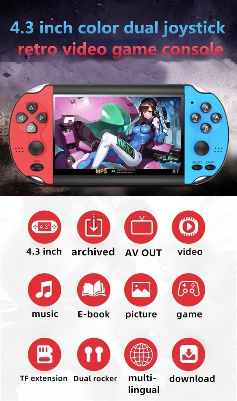 CHROX Console per Videogiochi A Doppio Joystick da 4,3 Pollici -in 3000 Giochi Supportano 10 Tipi di Simulatori Gioco Video Musica AV out Litio Ricaricabile, Regalo di Natale per Bambini